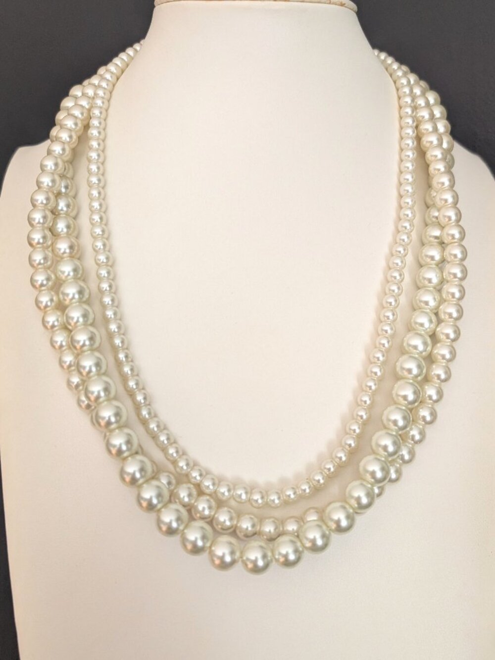 3 strand layered cream glass faux pearl necklace